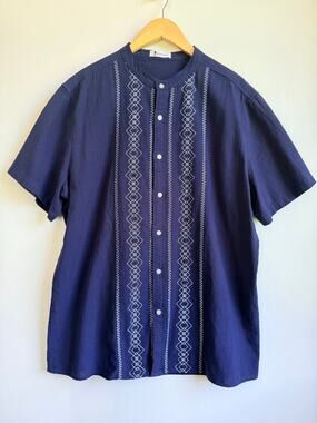 Beotyshow Men's Embroidered Guayabera Shirt Navy Blue Mandarin Collar Size XXL